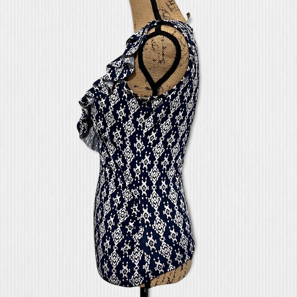 Navy Blue Pattern Scoop Ruffle Neck Blouse - Picture 3 of 6